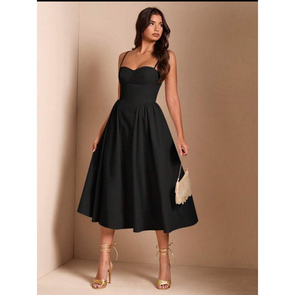 bustier sweetheart neckline cami midi dress black